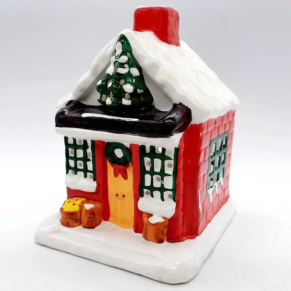 Ceramic Christmas House Tealight Candle Holder Small Red Roof Holiday Decor